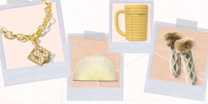 A collage post-its with our Mother of Pearl Book Bracelet, a fanned open book, a mug, and cozy socks - the perfect unique gift ideas for book lovers!